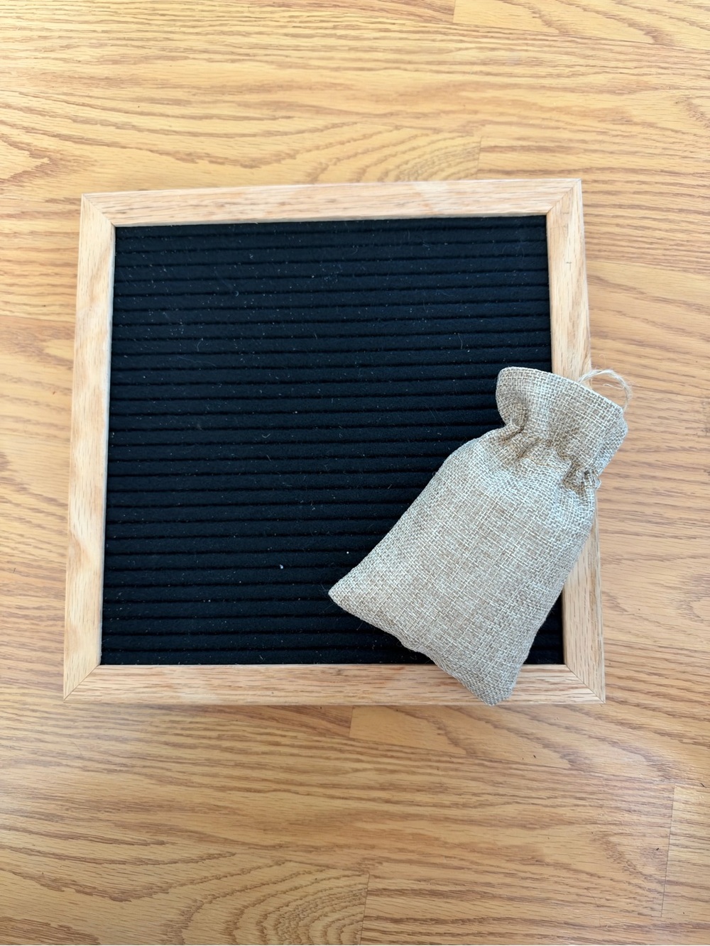 Rustic Black Felt Letter Board with Natural Wood Frame and Beige Burlap Pouch